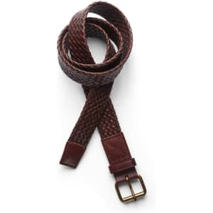A braided leather belt in a rich brown colour, featuring a brass buckle and leather tip. It has a woven design.