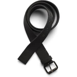 A black cotton webbing belt laid out flat, featuring a metal buckle and several adjustment holes.