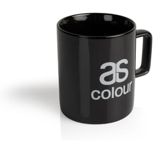 A black coffee mug featuring a handle and a logo, designed for drinkware use.