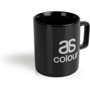 A black coffee mug featuring a handle and a logo on the side.