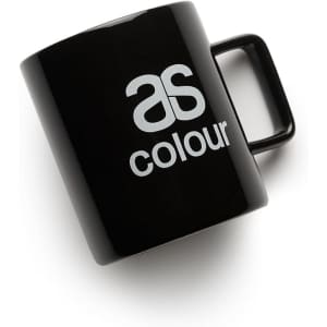 A black coffee mug with a handle and a logo.