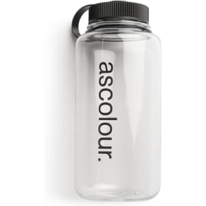 A drink bottle in clear plastic with a black lid and a branding logo.