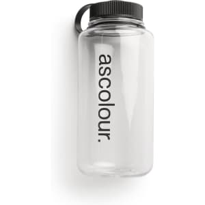 A clear drink bottle with a black lid and a branded logo.
