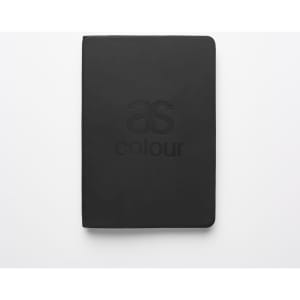 A black notebook with a textured cover and a logo. The notebook has a smooth, sleek design.