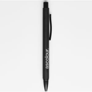 A black pen with a clip and a logo. It features a sleek design suitable for writing.
