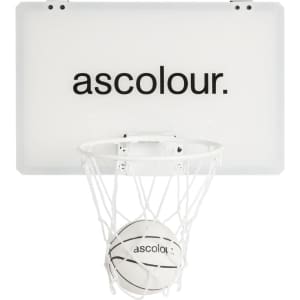 A mini basketball set with a white backboard and hoop, featuring a small white basketball. Includes branding.
