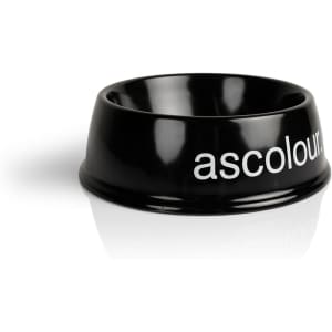 A black pet bowl with a glossy finish and a logo on the side. Ideal for pet feeding.