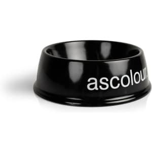 A black pet bowl featuring a logo, ideal for pets. It has a smooth, glossy finish and a rounded design.