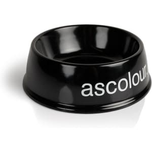 A black pet bowl featuring a simple design and a logo. Stylish and functional for pet feeding.