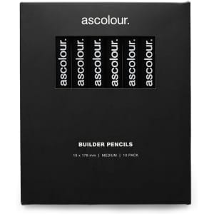 A black packaging containing a 10 pack of grey lead builder pencils, featuring branding on the front.