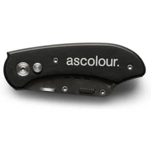 A black utility knife with a folding design and a logo on the handle.