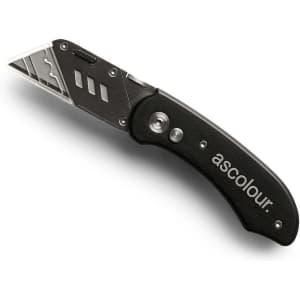 A black utility knife with a silver blade and a metal casing, featuring a logo.