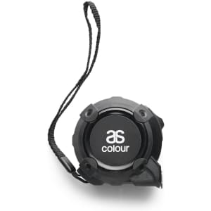 A black tape measure with a wrist strap, featuring a circular design and a branding logo on the front.