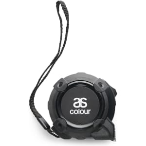 A black tape measure with a retractable mechanism and a wrist strap, featuring a branding logo.