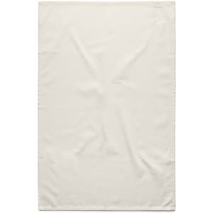 A cream tea towel with a smooth texture, featuring a logo in one corner.
