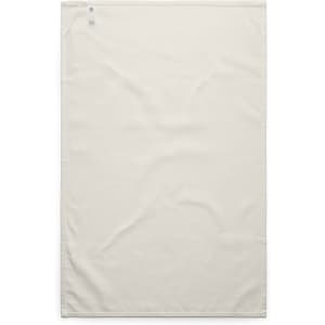 A cream tea towel featuring a simple design and a logo in the corner. It has a smooth, textured surface.