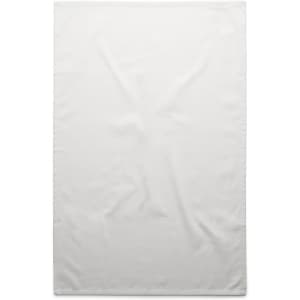 A plain white tea towel with a smooth texture and subtle sheen, featuring a branding logo.