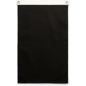 A black canvas flag featuring silver eyelets at the top for easy hanging, with a white header for added detail.