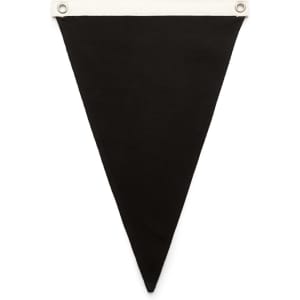 A black canvas pennant flag with metal grommets at the top for hanging.