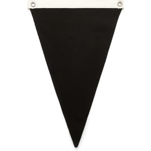 A black canvas pennant flag with a white top edge and metal eyelets for hanging.