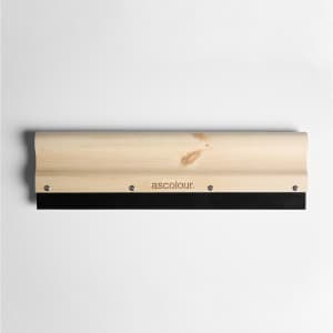 A wooden squeegee with a natural finish and a black rubber blade, featuring a logo.