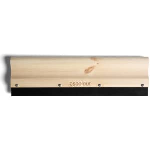 A wooden squeegee with a black rubber edge and a branding logo, featuring a natural wood finish.