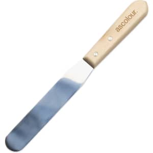 A stainless steel palette knife with a wooden handle and a logo.