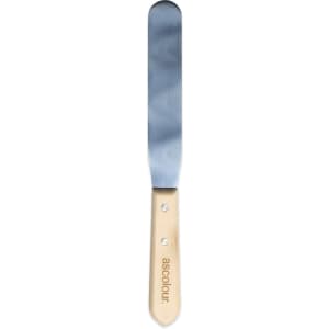 A stainless steel palette knife with a wooden handle, featuring a logo on the handle.