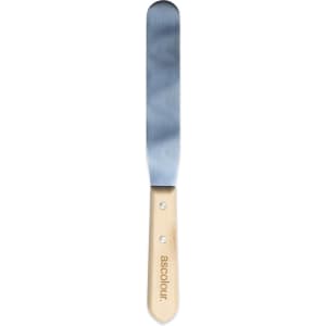 A stainless steel palette knife with a wooden handle. The handle has a logo.