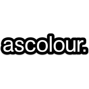 A black logo sticker with a bold, rounded font featuring the text "ascolour." on a white background.
