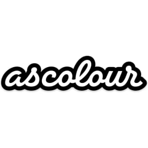 A black and white script sticker featuring the word "ascolour" in a stylish cursive font.