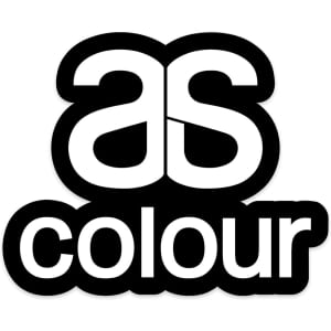 A sticker featuring a bold black and white design with the text "as colour" and a logo.