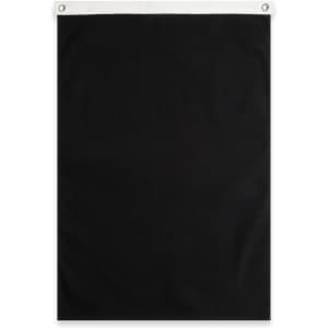 A large black canvas flag with a white header and eyelets for mounting. It features a branding logo.