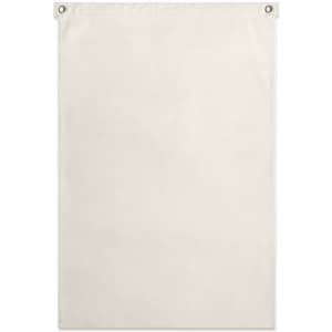 A large cream-coloured canvas flag with metal eyelets for easy hanging. It features a simple design.