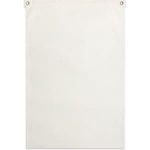 A large white canvas flag featuring eyelets for hanging, ideal for exhibitions and events.