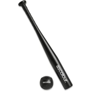 A black mini baseball bat and ball set, featuring a logo on the bat. Suitable for leisure and outdoor sports.