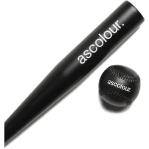 A mini black baseball bat and a black baseball, both featuring a logo.