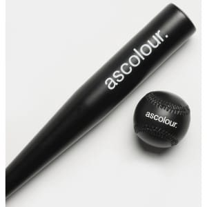 A black baseball bat and a black baseball, both featuring a logo.