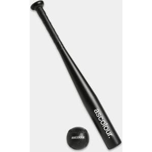 A black mini baseball bat and ball set with branding on both items, ideal for outdoor leisure activities.