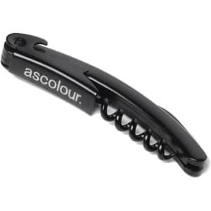 A sleek black corkscrew with a coiled opener and a branded logo. Ideal for bottle opening.