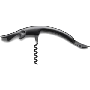 A black corkscrew with a bottle opener and a curved handle, featuring a logo on the side.