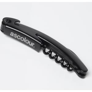 A drink bottle corkscrew in black with a sleek design. It features a logo on one side.