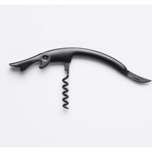 A black corkscrew bottle opener with a curved handle and a spiral corkscrew. It features a built-in knife and a logo.