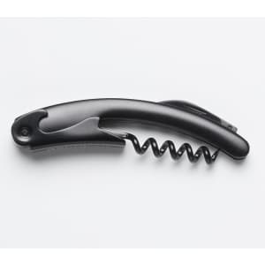 A black corkscrew with a lever design and spiral. It includes a keyring attachment.