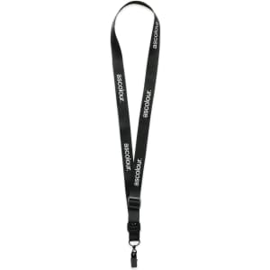 A black lanyard featuring a logo, designed for holding ID cards or event passes, from ASC Lanyard.