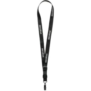 A black lanyard featuring a logo, designed for events and exhibitions, with a clip for attaching items.