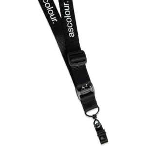 A black lanyard with a clip attachment and a branding logo. Suitable for exhibitions and events.