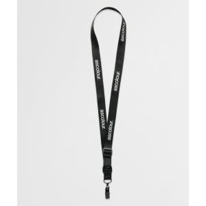 A black lanyard with a branded logo and a detachable clip for secure fastening.