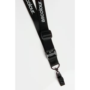A black lanyard with a clip, featuring a branding label and an adjustable plastic buckle.