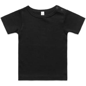 A black infant t-shirt with short sleeves and snap buttons at the shoulder. Includes a branding logo.